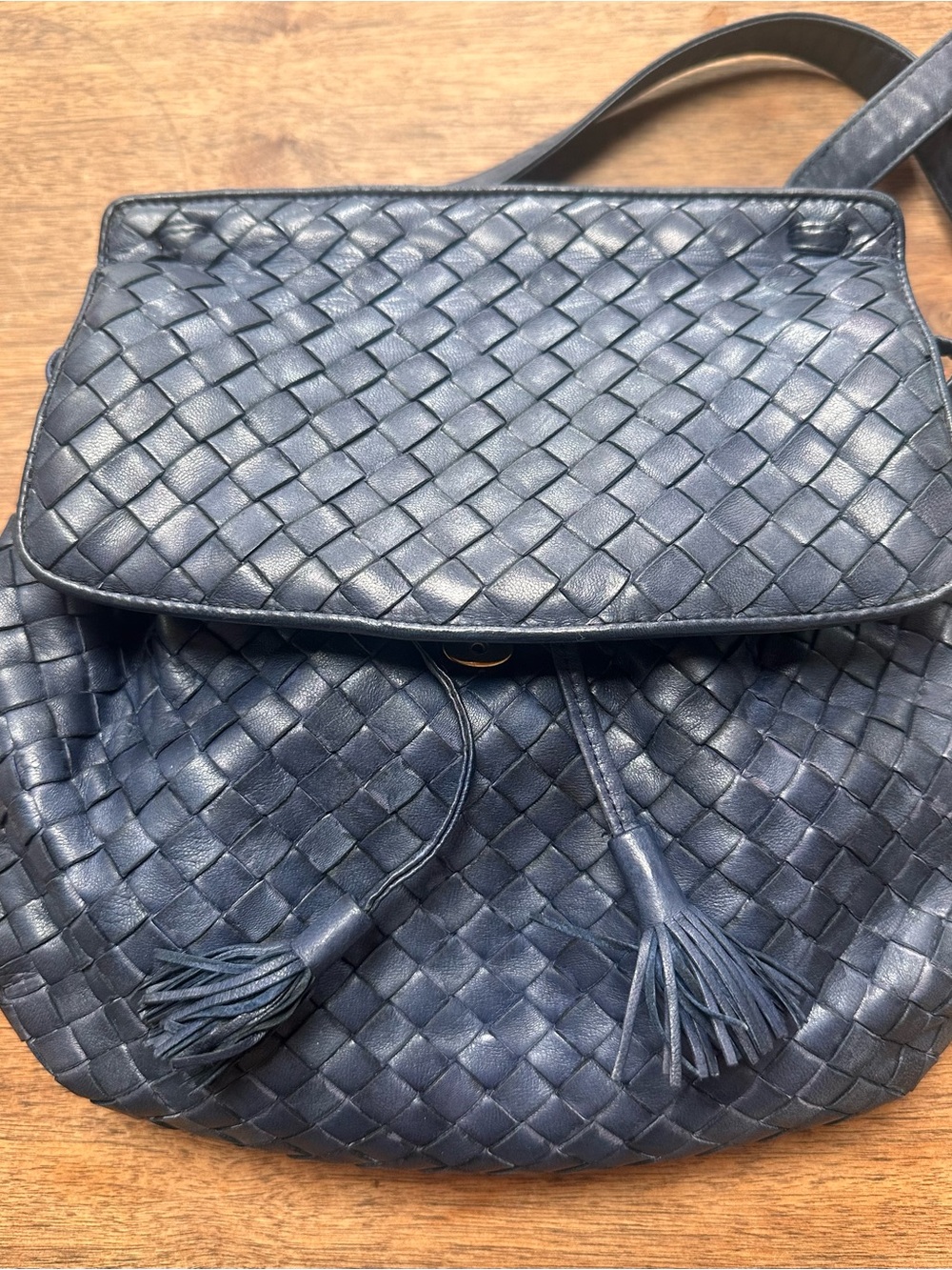 Bottega Veneta Navy Intrecciato Woven Leather Crossbody with Tassel - Picture 2 of 9
